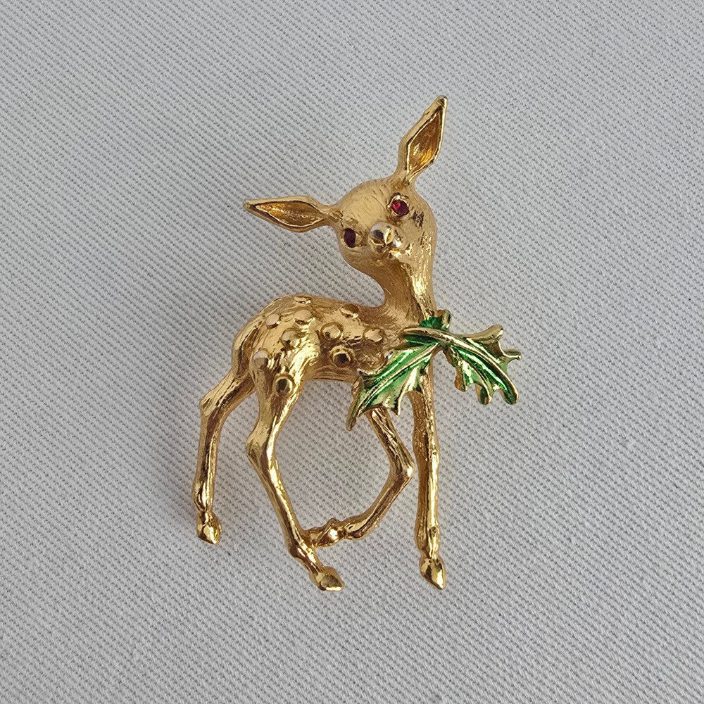 Vintage Deer Pin Gold Tone Fawn Brooch Green Enamel Leaf Rhinestone Eyes Cute